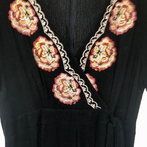 Jumpsuit, wide leg, black with embroidered flowers